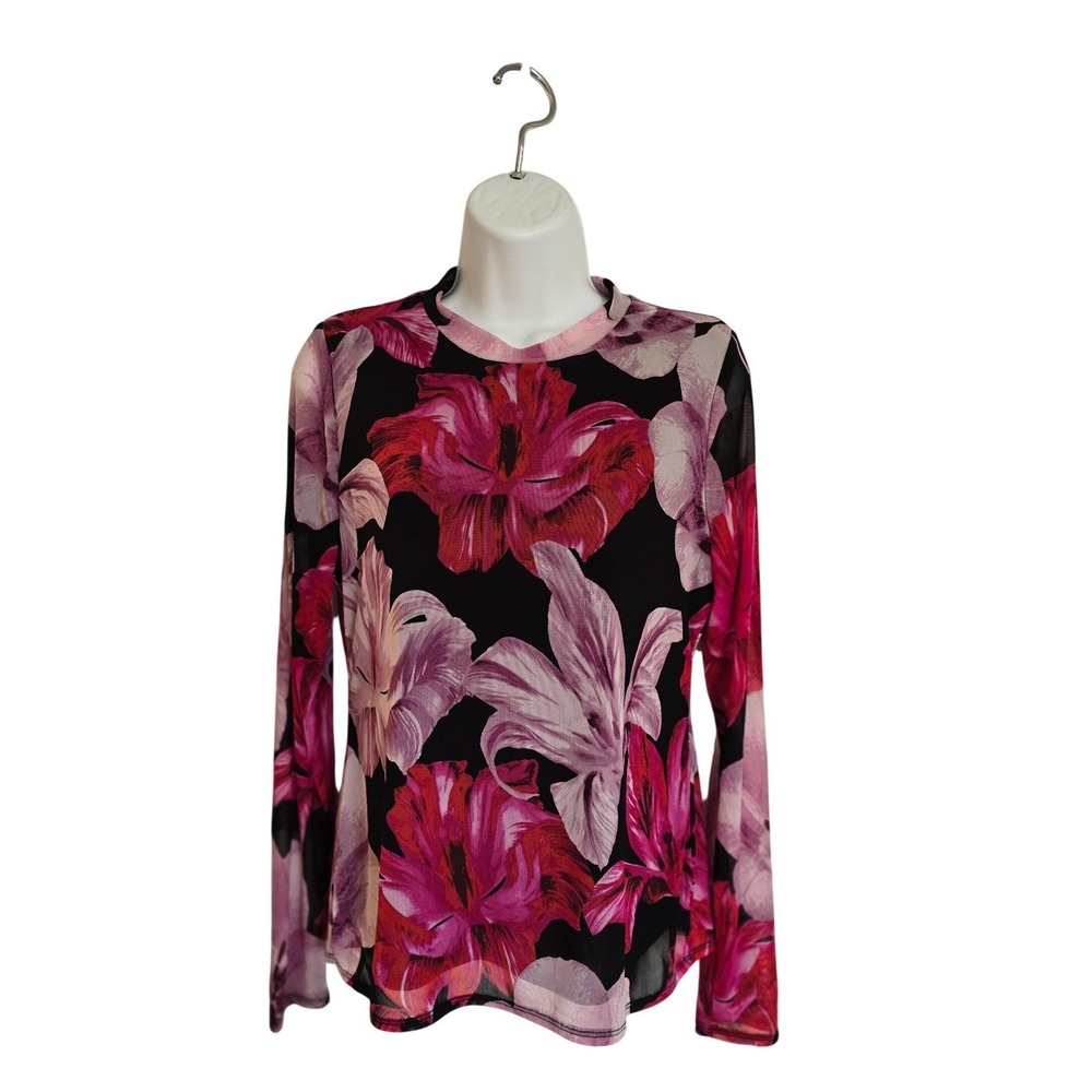 INC International Concepts Black Floral Long Sleeve Mesh Mock Neck Size S /0212